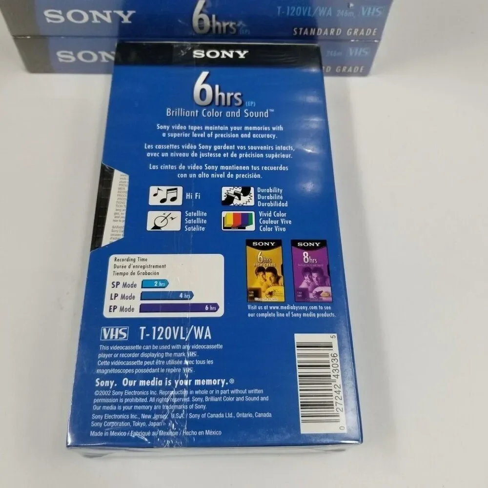 Sony 6 Hour VHS Tapes T-120 Standard Grade Lot of  8 New Sealed Vintage